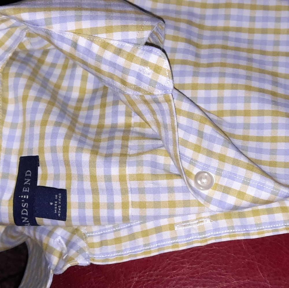 Lands End No Iron Green and Blue Gingham Button Down Shirt